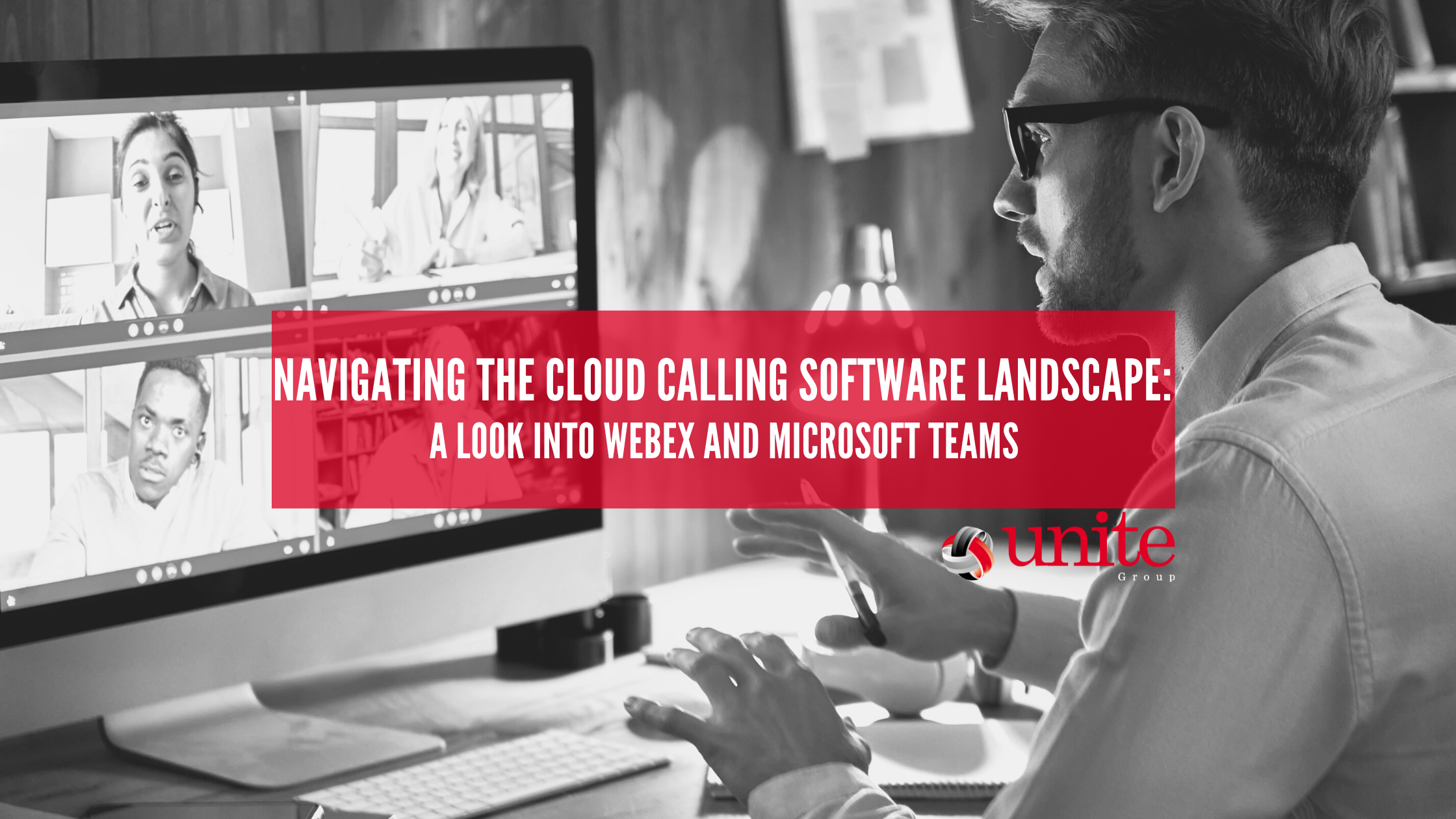 navigating the cloud calling software landscape blog banner containing an image of a male using Microsoft Teams to communicate with his colleagues remotely